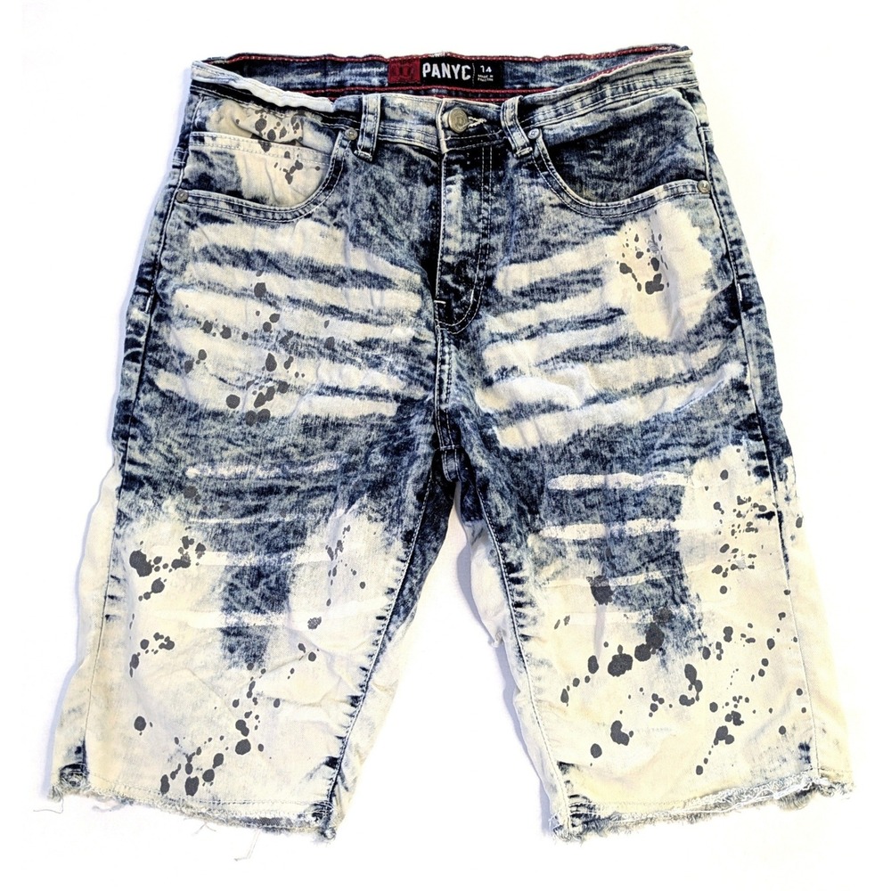 PANYC Boys Size 14 Acid Wash Splatter Denim Shorts Distressed Cut Off Streetwear